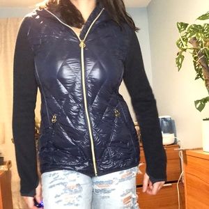Navy blue shiny MK puff jacket with hood